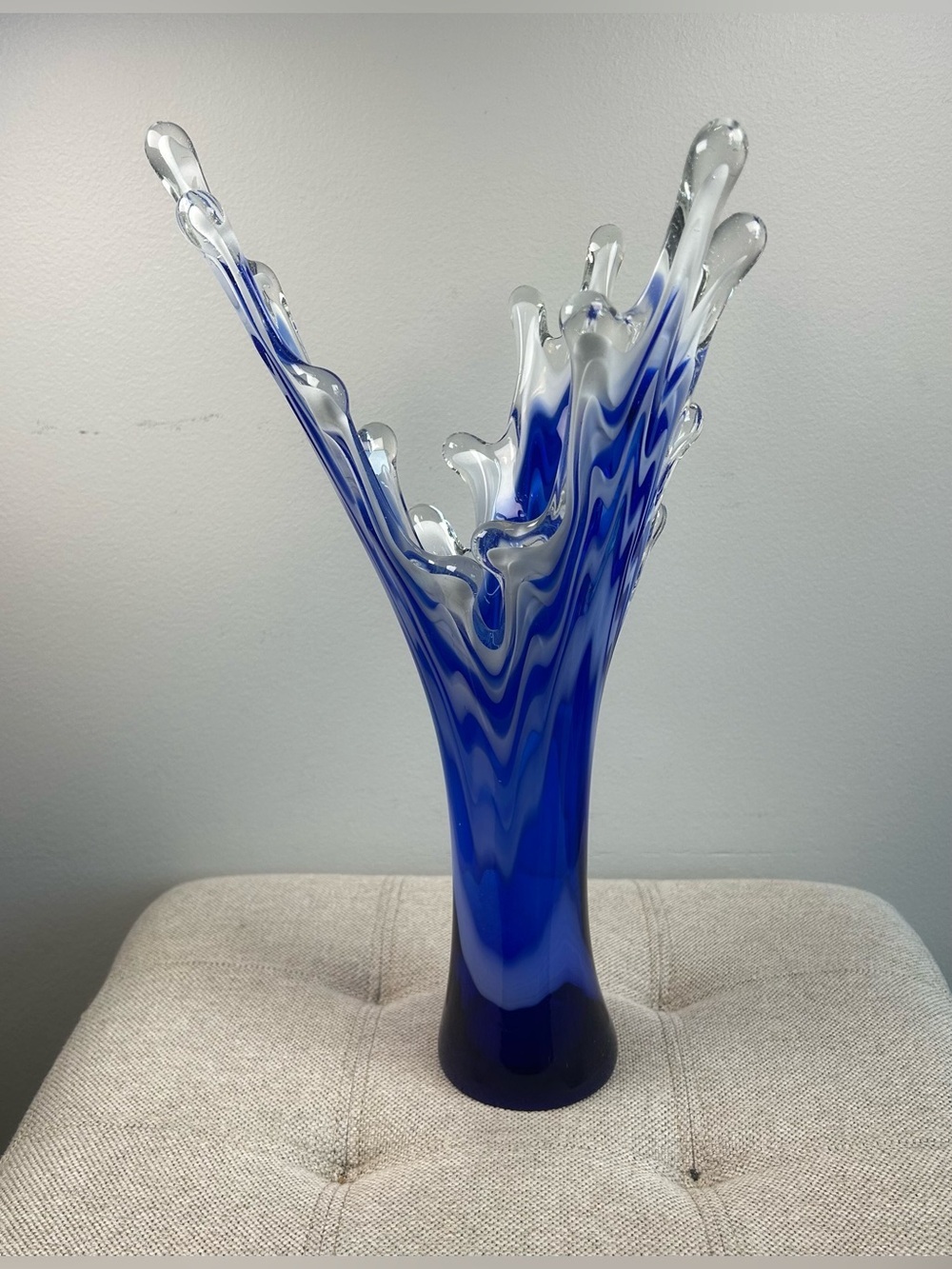 Murano Cobalt Blue & White Splash Vase Vintage 15’ Frozen Leaf Look Great Cond!